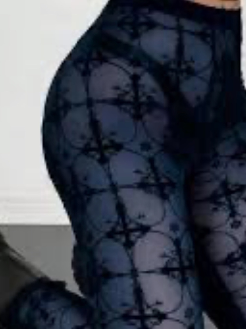 Black Flocked Pattern Sheer/Mesh Leggings. NIOP. Medium